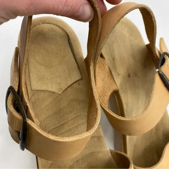 No. 6 Jane Clogs Platform Peep Toe Khaki Tan Natural Leather Wooden Sole USA 41