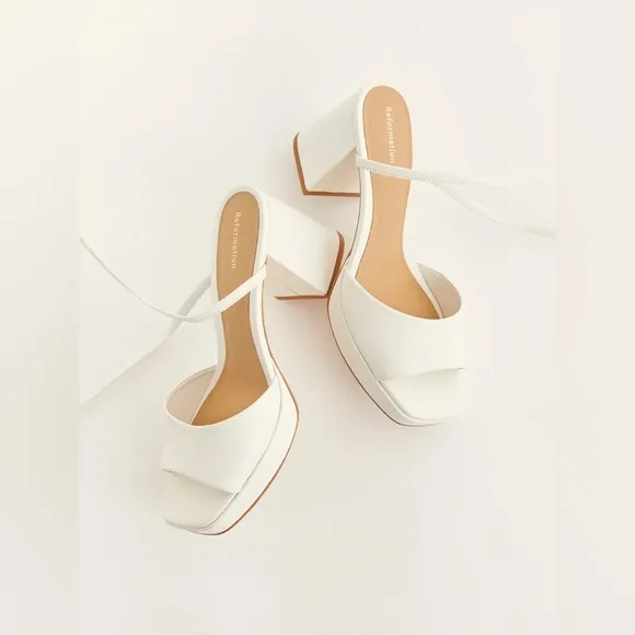 NWB! Reformation Magda Ankle Tie Platform Heels in White Leather, Women's 6