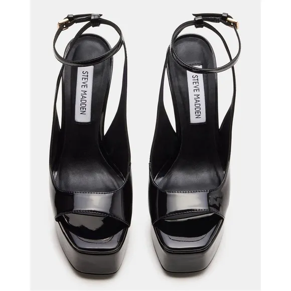 NWOB STEVE MADDEN Gloss Black Patent Stiletto Heels Ankle Strap Women’s Size 9