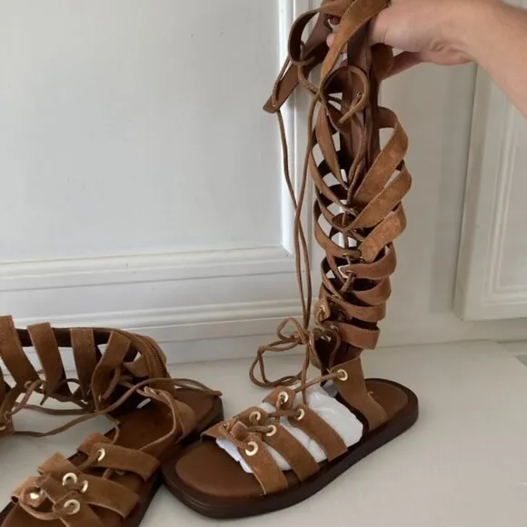 NWOT Free People Sun Chaser Taupe Suede Tall Gladiator Sandals Sz 37.5