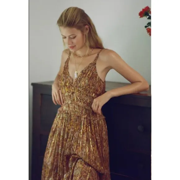 NWT Anthropologie Let Me Be Shimmer Floral Pleated Midi Dress XL