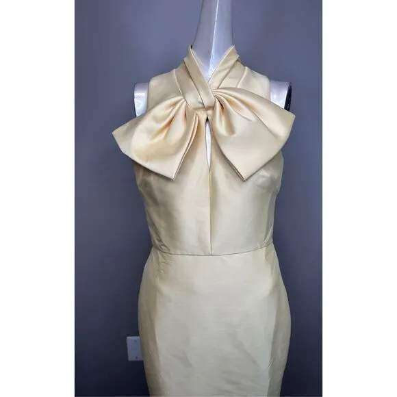 NWT Badgley Mischka Sleeveless High Neck Bow Sheath Dress Yellow Size 4 $420
