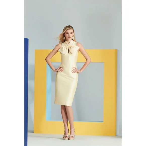 NWT Badgley Mischka Sleeveless High Neck Bow Sheath Dress Yellow Size 4 $420