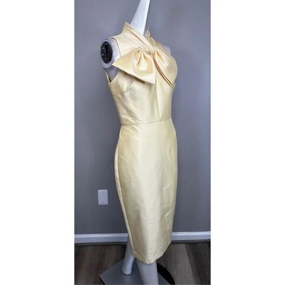 NWT Badgley Mischka Sleeveless High Neck Bow Sheath Dress Yellow Size 4 $420