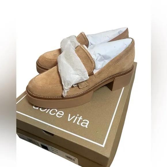 NWT DOLCE VITA SHEENA TAN/BROWN SUEDE HEELED LOAFERS WOMENS SIZE 9