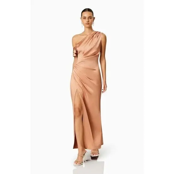 NWT Elliatt Retreat One-Shoulder Satin Gown Evening Dress Copper Size Large $240