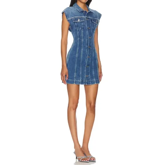 NWT ETICA Size Medium Gabriela Seamed A-Line Coba Blue Denim Mini Dress  Western