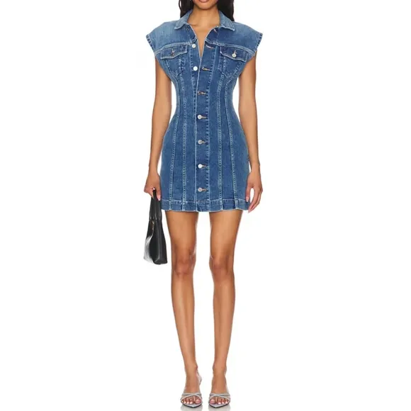 NWT ETICA Size Medium Gabriela Seamed A-Line Coba Blue Denim Mini Dress  Western