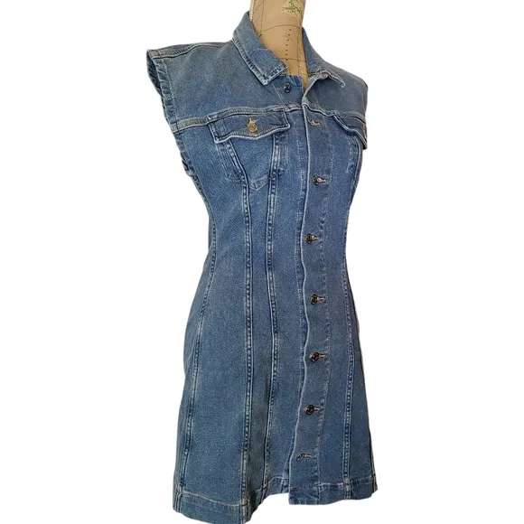 NWT ETICA Size Medium Gabriela Seamed A-Line Coba Blue Denim Mini Dress  Western