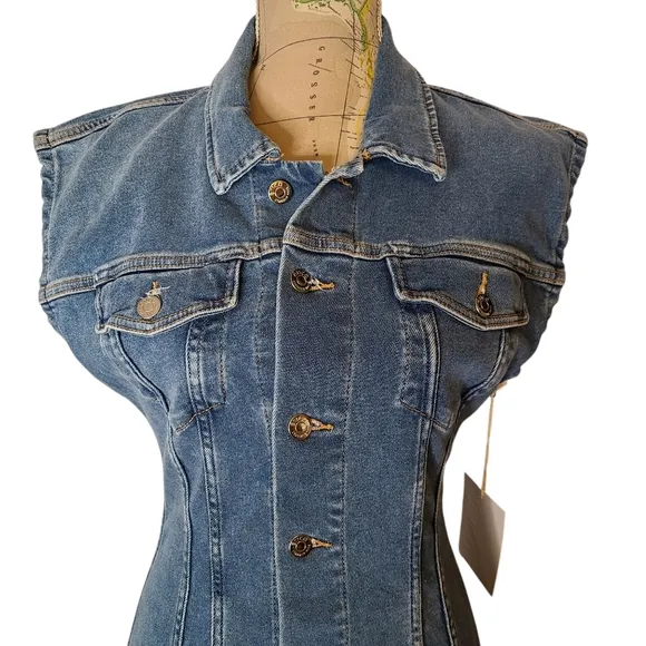NWT ETICA Size Medium Gabriela Seamed A-Line Coba Blue Denim Mini Dress  Western