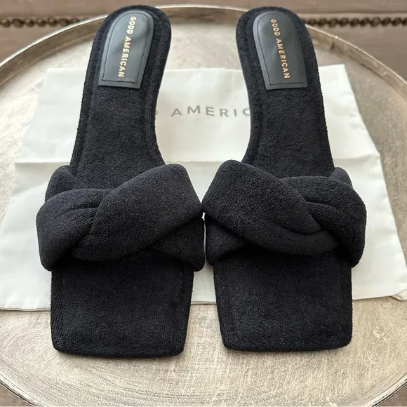 NWT Good American Black Terry Kickstand Slide Mule/Sandal Low Heel Size 11