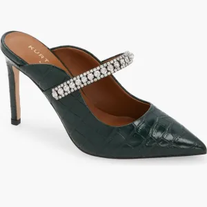 NWT Kurt Geiger Green Croc-Embossed Heels with Crystal Strap(w/box and dust bag)