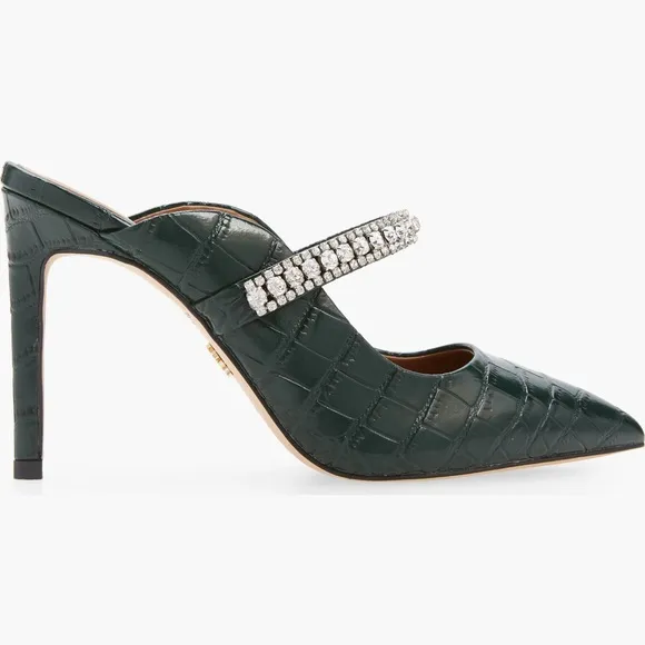 NWT Kurt Geiger Green Croc-Embossed Heels with Crystal Strap(w/box and dust bag)