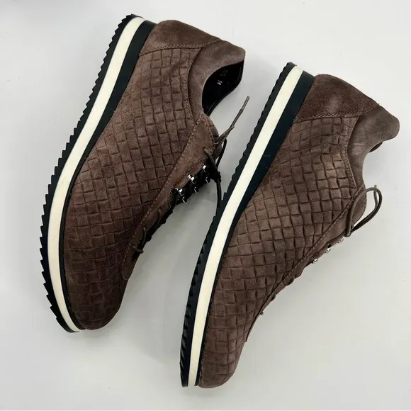 NWT Stuart Weitzman Relay Quilted Suede Sneakers Lead Brown Globe Shoes 8.5 N