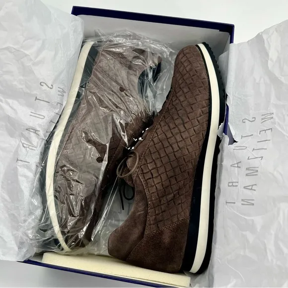 NWT Stuart Weitzman Relay Quilted Suede Sneakers Lead Brown Globe Shoes 8.5 N