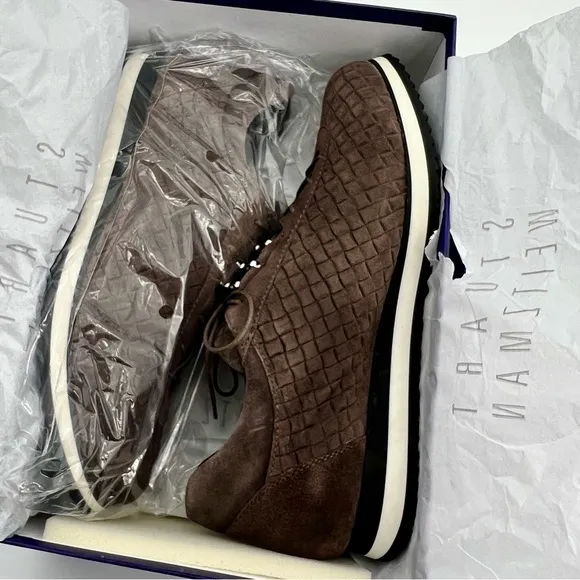 NWT Stuart Weitzman Relay Quilted Suede Sneakers Lead Brown Globe Shoes 8.5 N