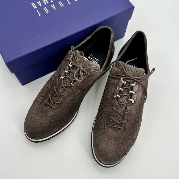NWT Stuart Weitzman Relay Quilted Suede Sneakers Lead Brown Globe Shoes 8.5 N