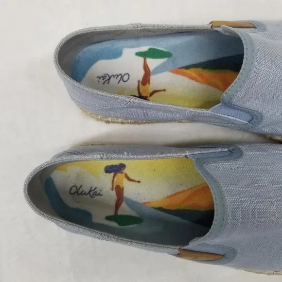 Olaki Kaula Pa'a Kapa Linen Espadrilles Loafers Womens 8.5 Lanai Breeze Blue