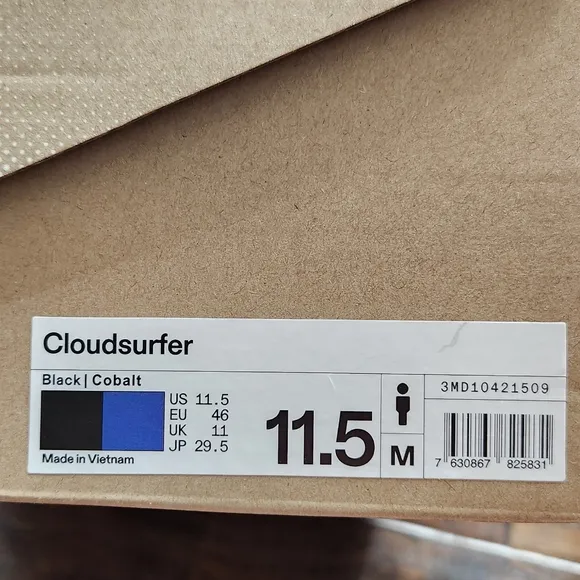 On Men's Cloudsurfer Running Shoes. Size 11.5, black/cobalt. New with box.