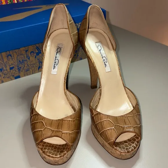 Oscar de la Renta Peep Toe Crocodile Cork Heel Shoe