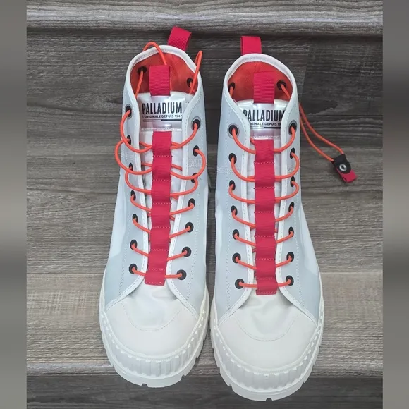 Palladium men's white sneakers w red and orange accents high top MEN'S 10.5 W 12
