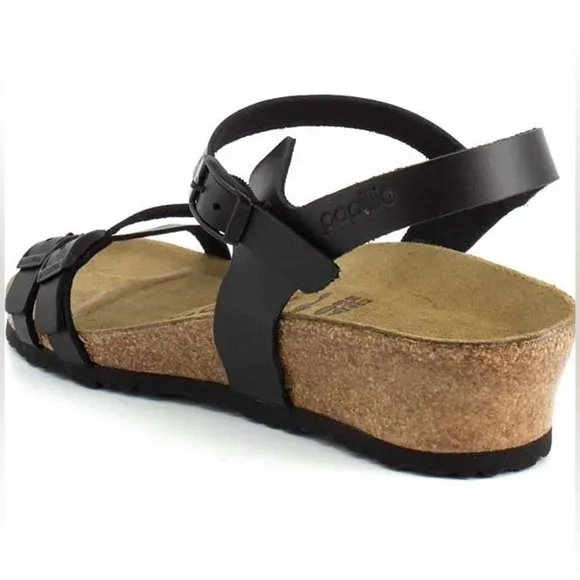 Papillo Birkenstock Sandals black faux leather strappy black sandals wedges