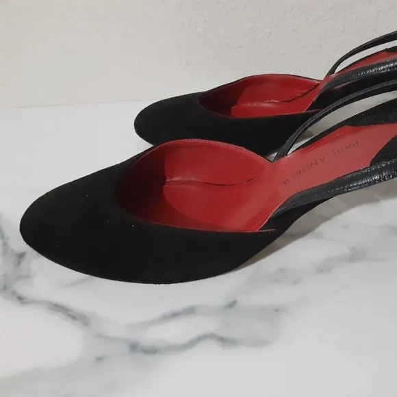 Paul Andrew Heels Striped Slingback Shoes Black Classic Slip On Size 38.5 Italy