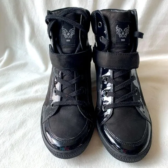 Paul Green 1988  Leather Sneaker Boots Women's Size 9.5 Black Lace Up Wedge Heel