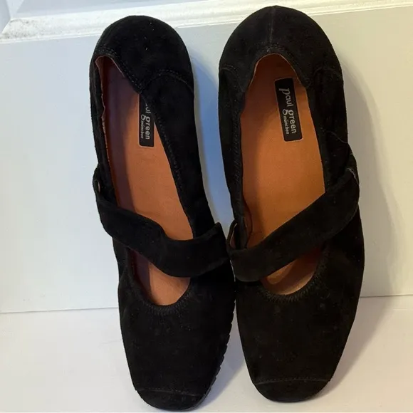 PAUL GREEN SHOES HEELS WEDGE MARY JANES BLACK SUEDE LEATHER STRAP Size 9.5 US