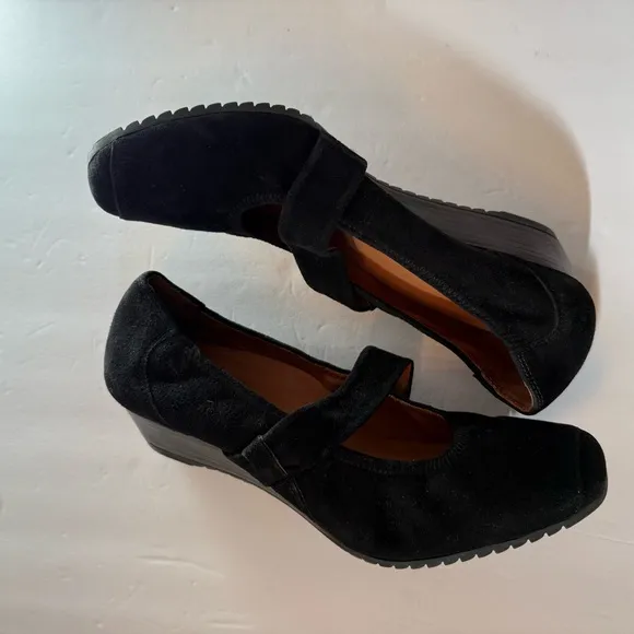 PAUL GREEN SHOES HEELS WEDGE MARY JANES BLACK SUEDE LEATHER STRAP Size 9.5 US
