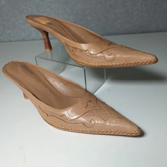 PAZZO Women's Kadola 4 Mules Shoes Kitten Heels Nude Tan Leather Embroidered 7.5