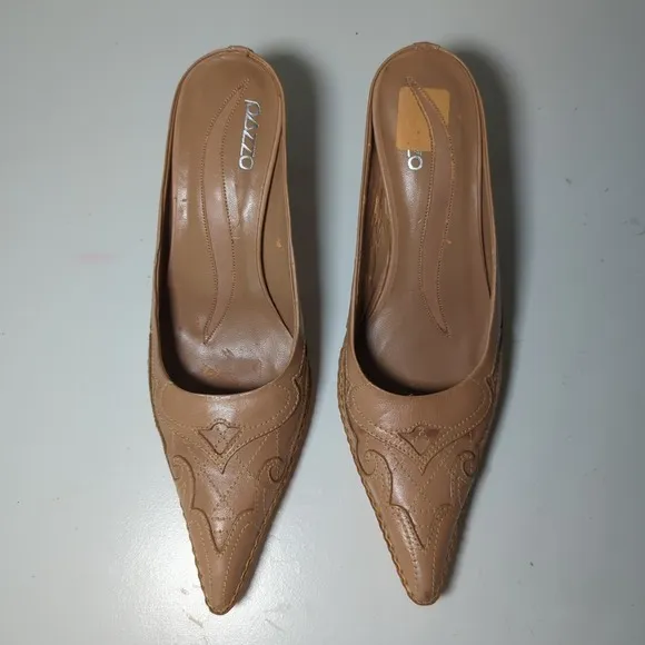 PAZZO Women's Kadola 4 Mules Shoes Kitten Heels Nude Tan Leather Embroidered 7.5