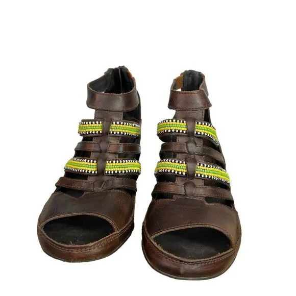 Pikolinos Brown Leather Beaded Maasai Hand Beaded Sandals Size EU 38, US 7M