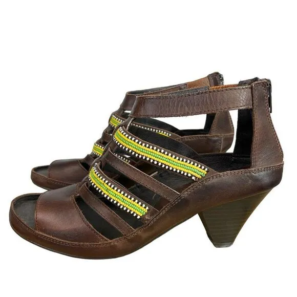 Pikolinos Brown Leather Beaded Maasai Hand Beaded Sandals Size EU 38, US 7M