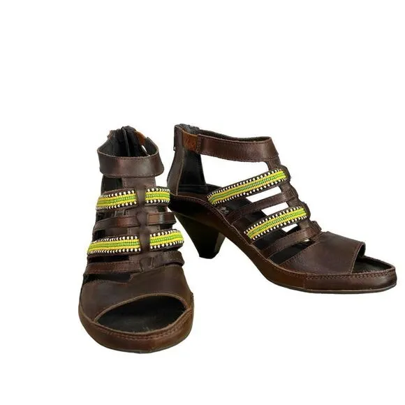 Pikolinos Brown Leather Beaded Maasai Hand Beaded Sandals Size EU 38, US 7M