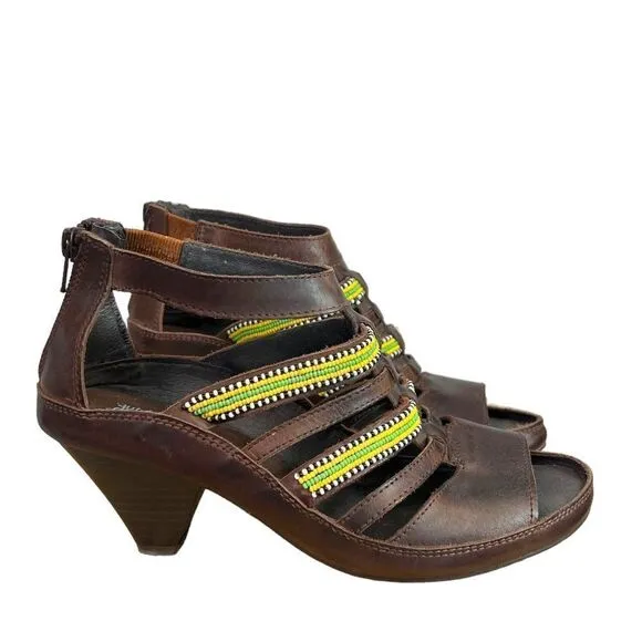 Pikolinos Brown Leather Beaded Maasai Hand Beaded Sandals Size EU 38, US 7M