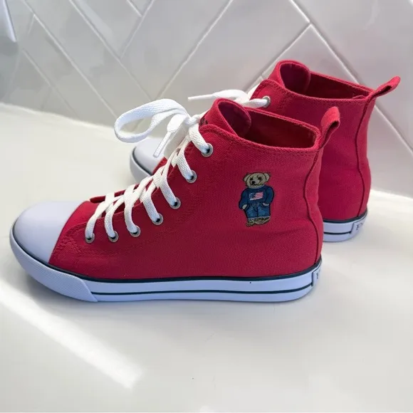 POLO Ralph Lauren Hamptyn HI II Bear Sneakers Shoes Red Kids Size 5.5 Y Womens 7