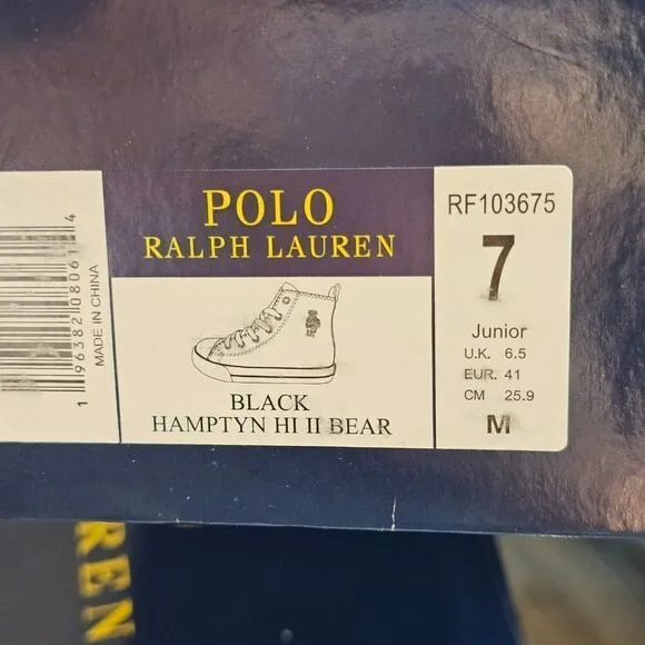 Polo Ralph Lauren Unisex Kids Black Hamptyn-Hi-II-Bear High Top Sneakers Size 7