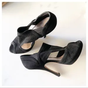 Prada Black Suede Cutout Peep Toe Booties Size 38.5