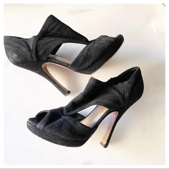 Prada Black Suede Cutout Peep Toe Booties Size 38.5