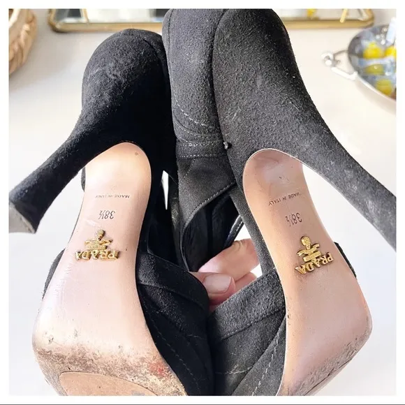Prada Black Suede Cutout Peep Toe Booties Size 38.5