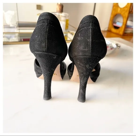 Prada Black Suede Cutout Peep Toe Booties Size 38.5