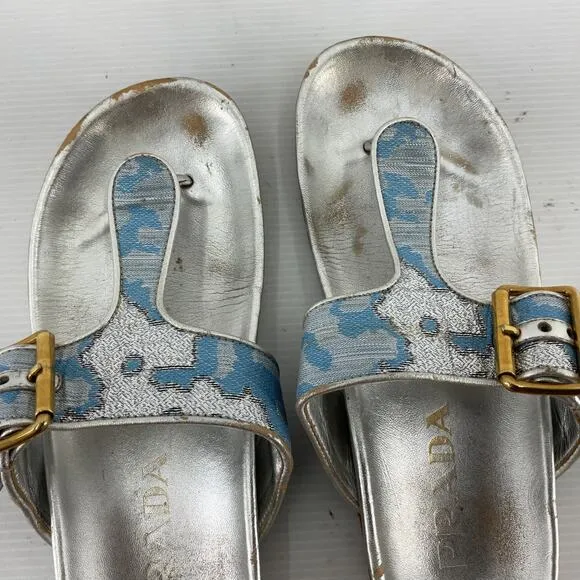 PRADA Blue &amp; Silver Brocade Leather Thong Sandals Women’s Size 7 Preowned