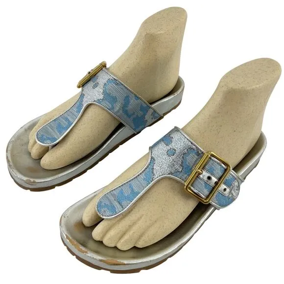 PRADA Blue &amp; Silver Brocade Leather Thong Sandals Women’s Size 7 Preowned