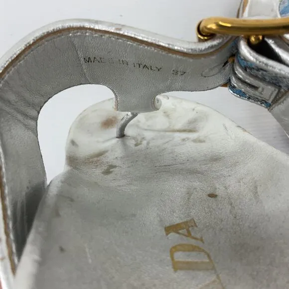 PRADA Blue &amp; Silver Brocade Leather Thong Sandals Women’s Size 7 Preowned