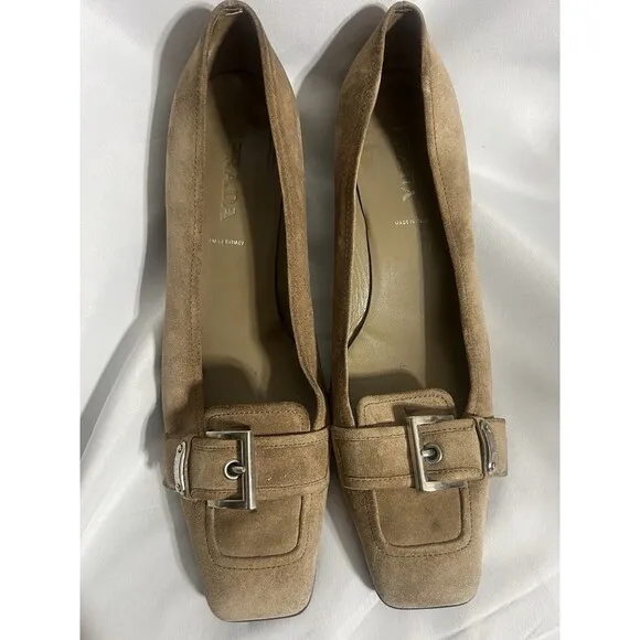 PRADA Brown Suede Loafer Heels Size EU 39/ US 8 Shoes Low kitten heels
