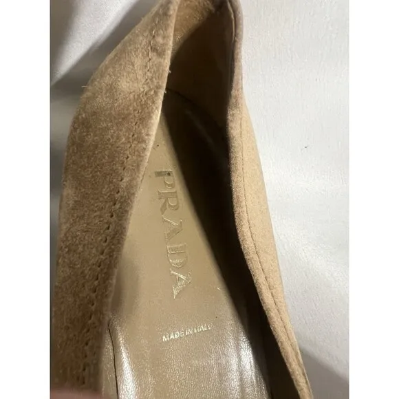 PRADA Brown Suede Loafer Heels Size EU 39/ US 8 Shoes Low kitten heels