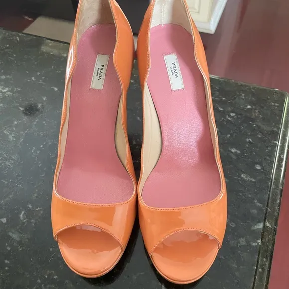 PRADA Orange Peep-Toe Patent Leather Heels