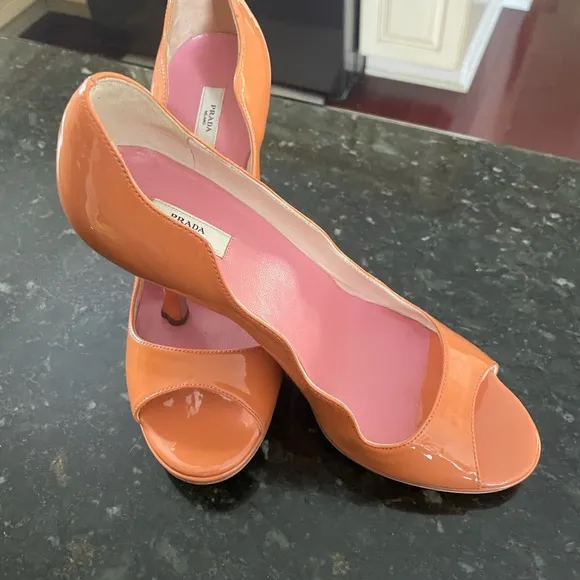 PRADA Orange Peep-Toe Patent Leather Heels