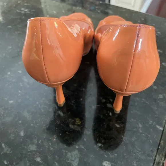 PRADA Orange Peep-Toe Patent Leather Heels
